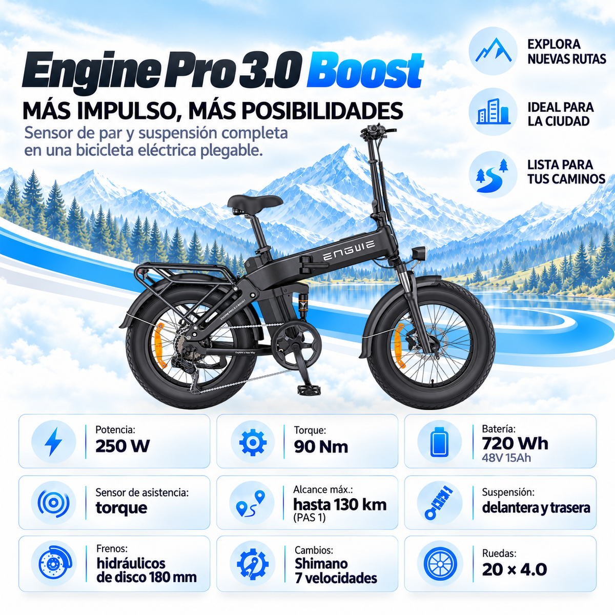 Bicicleta eléctrica ENGWE ENG PRO 3.0 B plegable fatbike 720 Wh