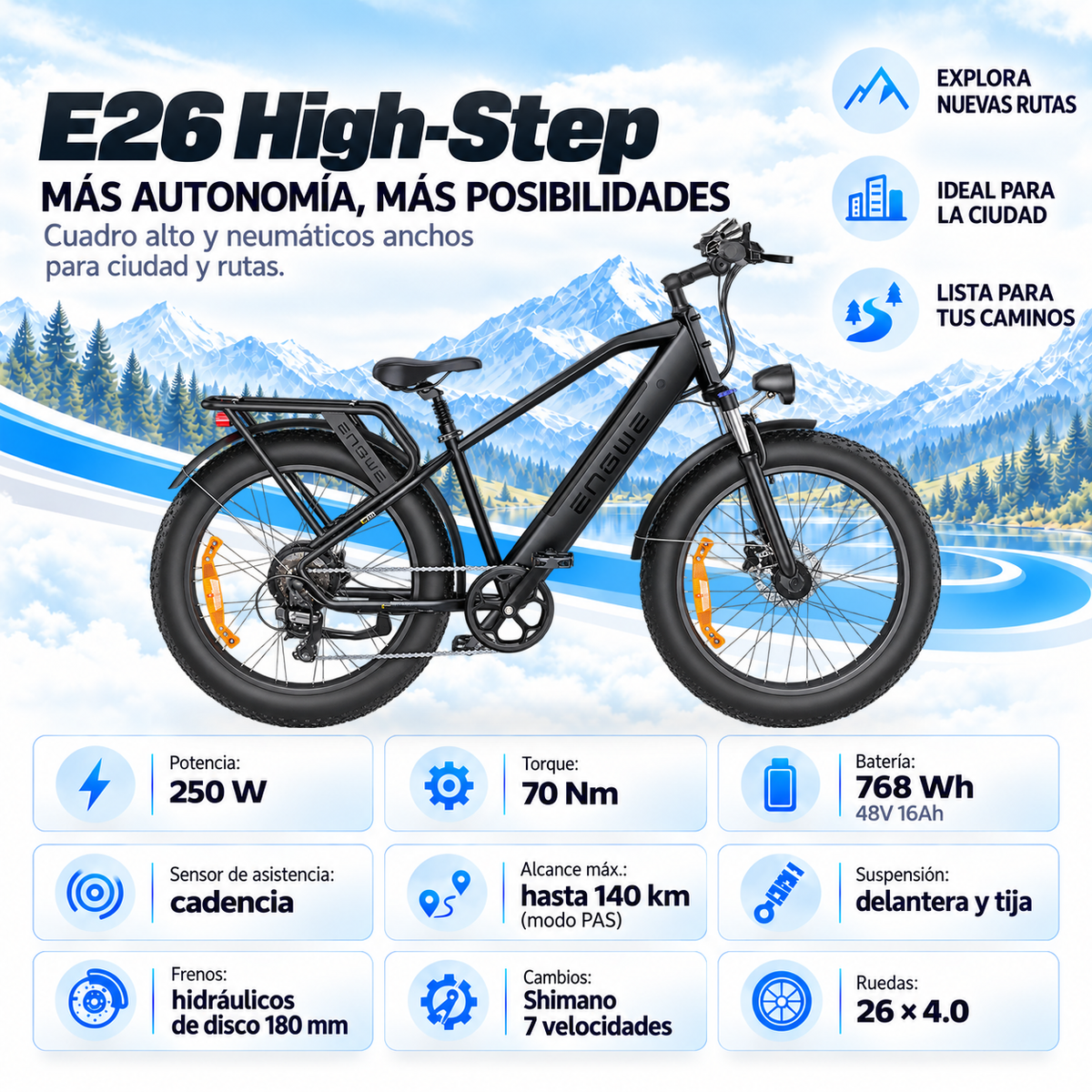 Bicicleta eléctrica ENGWE E26 HS trekking fatbike 768 Wh