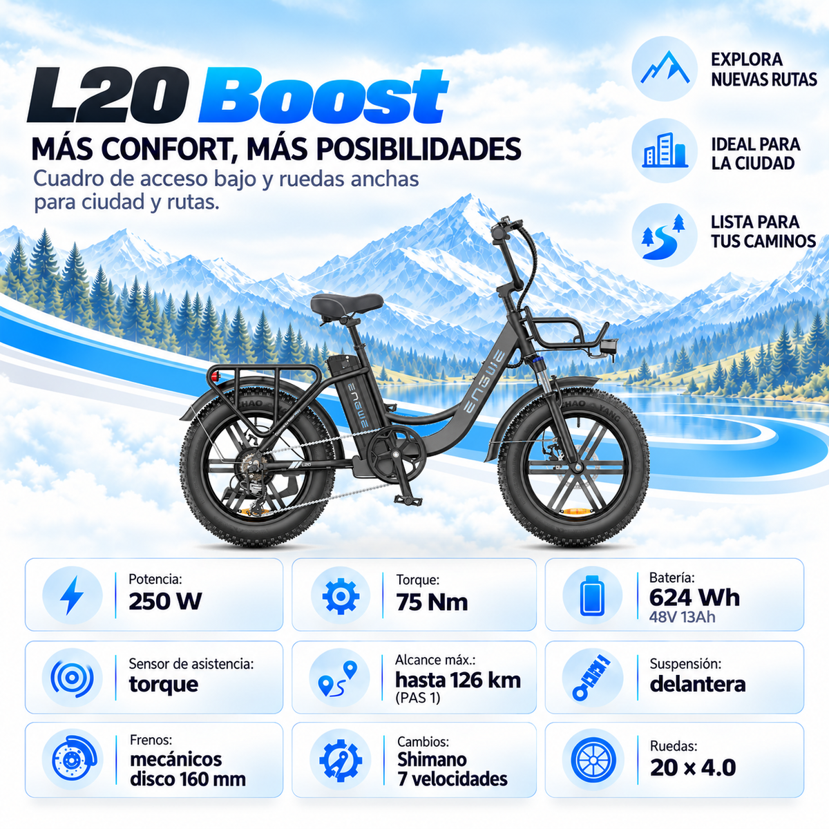Bicicleta eléctrica ENGWE L20 B trekking fatbike 624 Wh