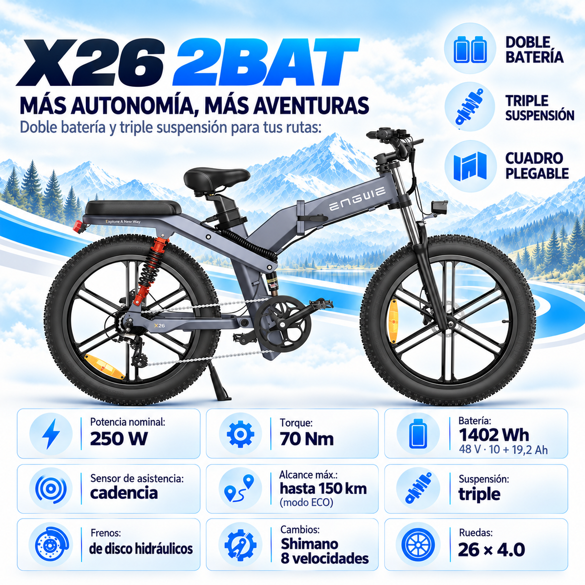 Bicicleta eléctrica ENGWE X26 2BAT montaña fatbike 1402 Wh