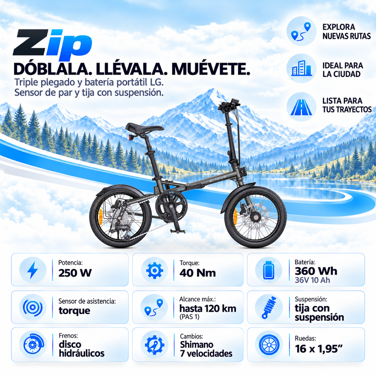 Bicicleta eléctrica ENGWE ZIP plegable urbana 360 Wh