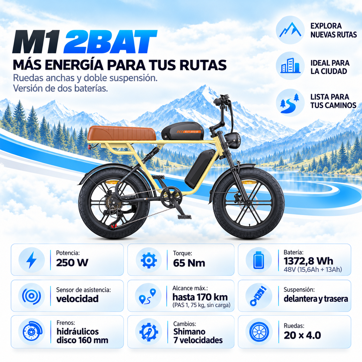 Bicicleta eléctrica ENGWE M1 2BAT urbana fatbike 1370 Wh