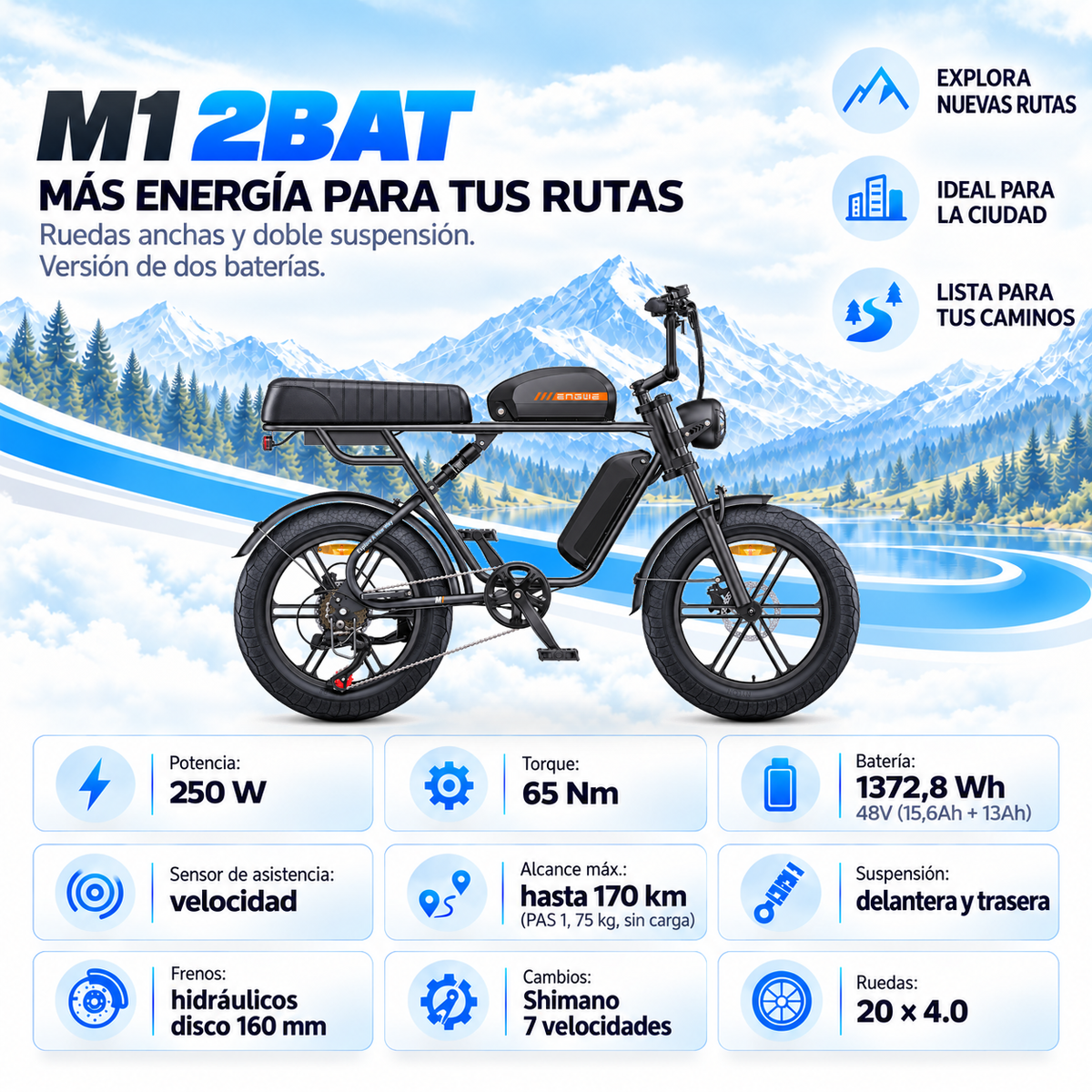 Bicicleta eléctrica ENGWE M1 2BAT urbana fatbike 1370 Wh