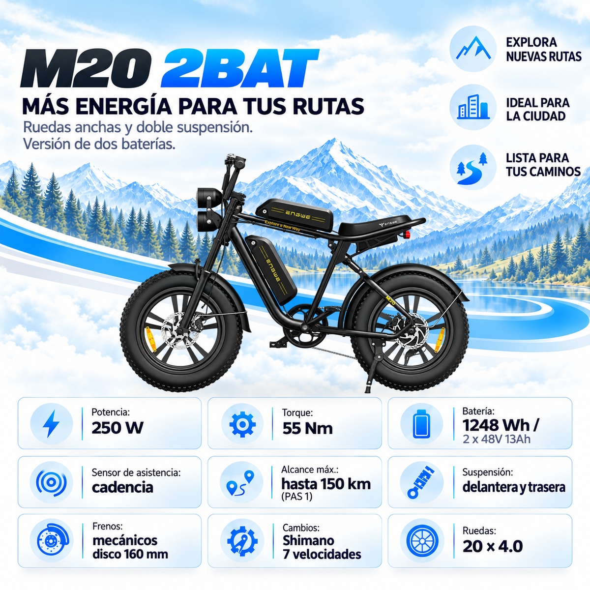 Bicicleta eléctrica ENGWE M20 2BAT urbana fatbike 1248 Wh