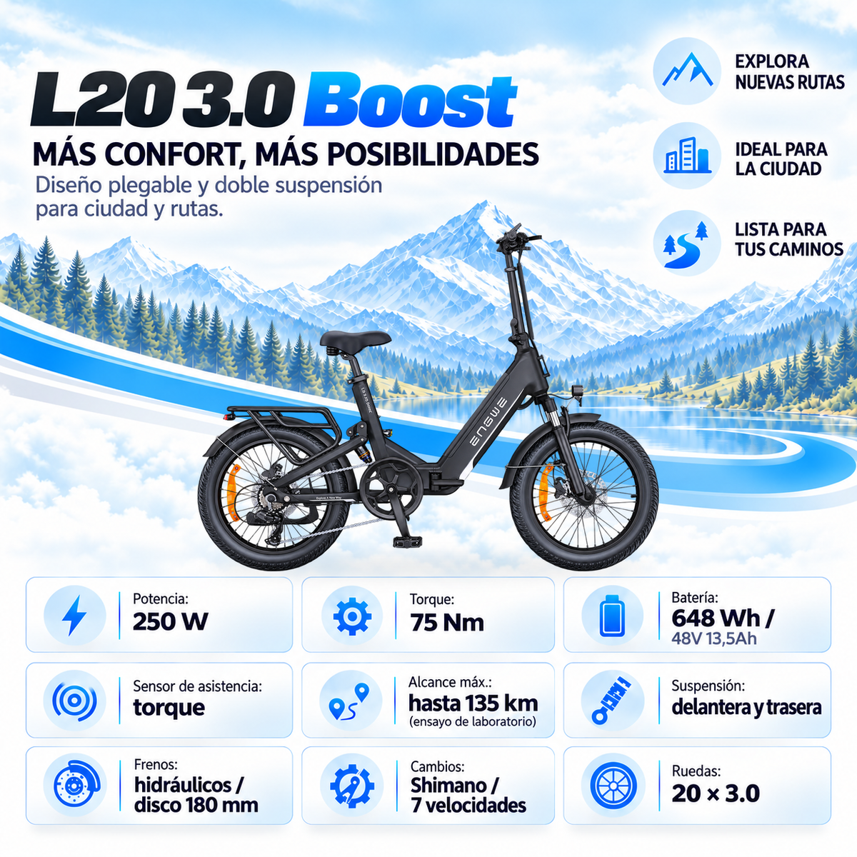Bicicleta eléctrica ENGWE L20 3.0 B plegable fatbike 648 Wh