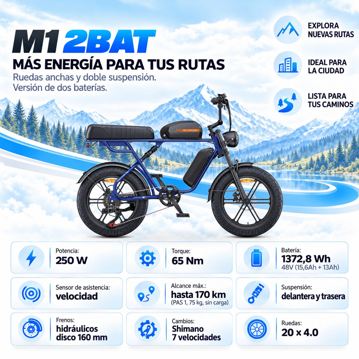 Bicicleta eléctrica ENGWE M1 2BAT urbana fatbike 1370 Wh