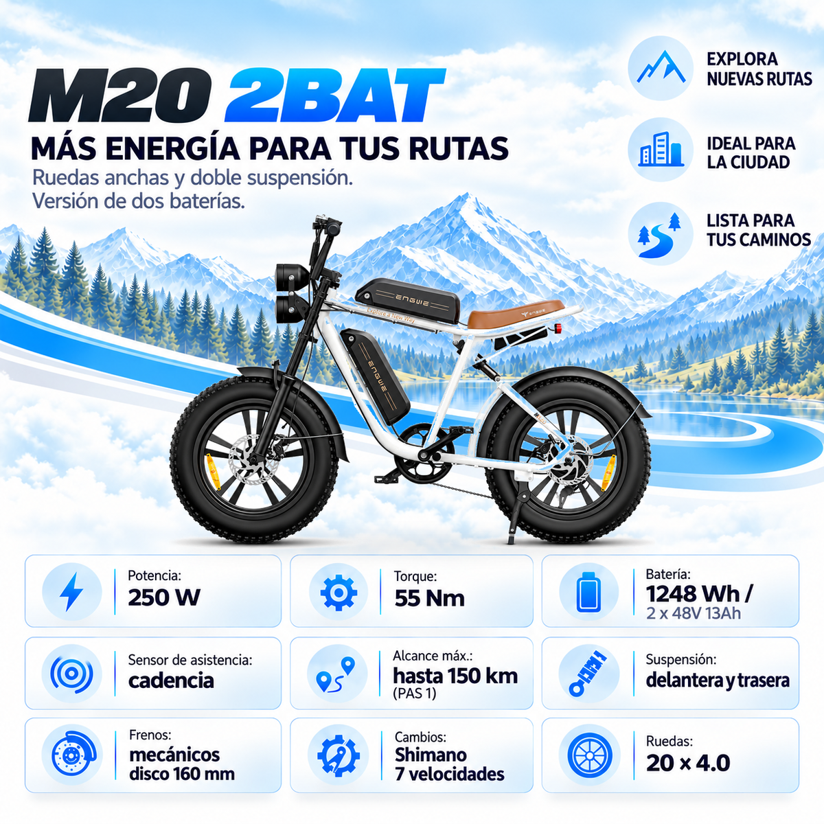 Bicicleta eléctrica ENGWE M20 2BAT urbana fatbike 1248 Wh